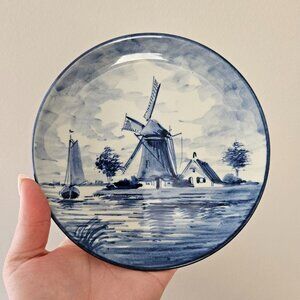 Small Delfts Holland Windmill Hand Painted Vintage Blue Side Plate 6.5 in / 16cm